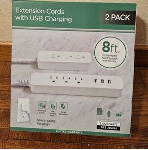 Jasco 2 Pack Extension Cords with USB Charging 8 Ft Extra Long 6 Outlets 3 USB